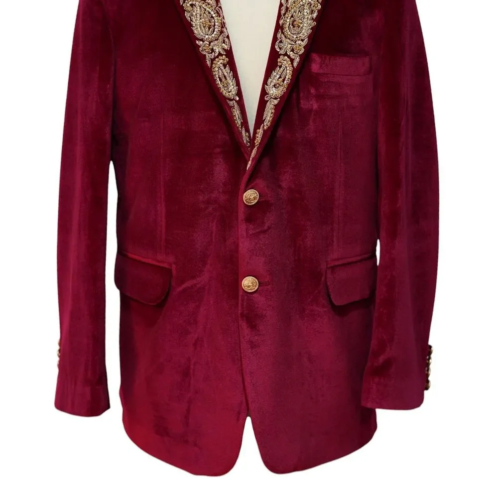Mens 42R Burgundy Velvet Blazer Hand Embroidered Gold Paisley Tuxedo Suit Jacket